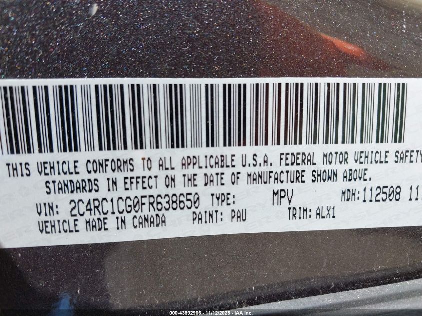 2015 Chrysler Town & Country Touring-L VIN: 2C4RC1CG0FR638650 Lot: 43692906