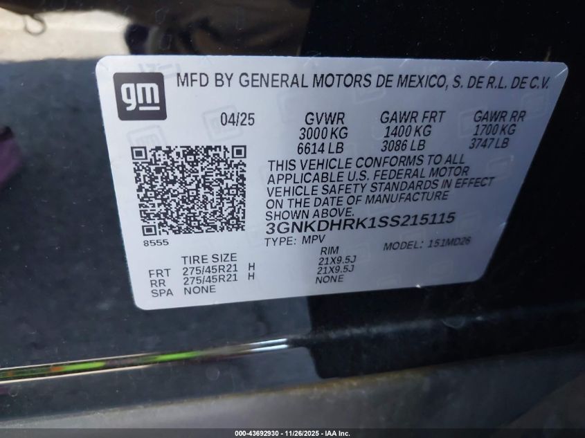 2025 Chevrolet Blazer Ev Rs Rwd VIN: 3GNKDHRK1SS215115 Lot: 43692930