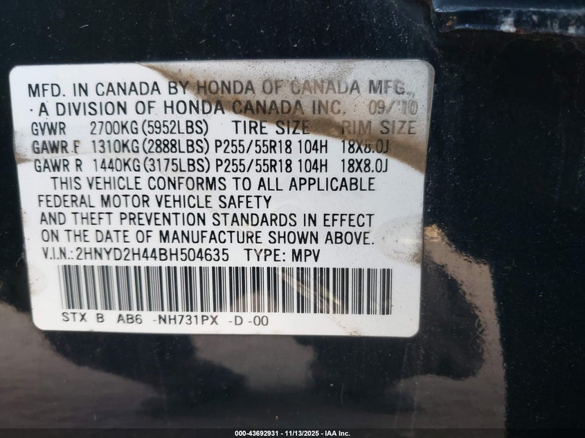 2HNYD2H44BH504635 2011 ACURA MDX photo no. 9