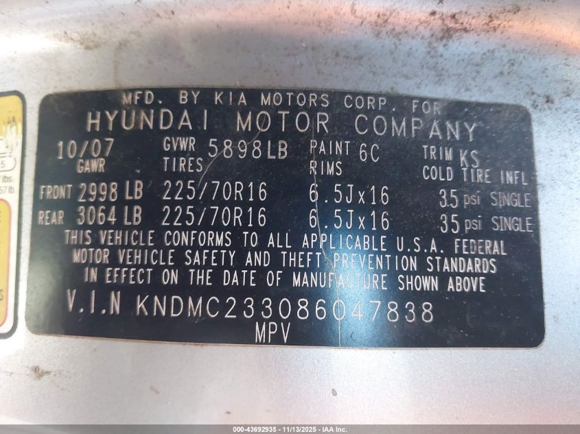 2008 Hyundai Entourage Gls/Limited VIN: KNDMC233086047838 Lot: 43692935