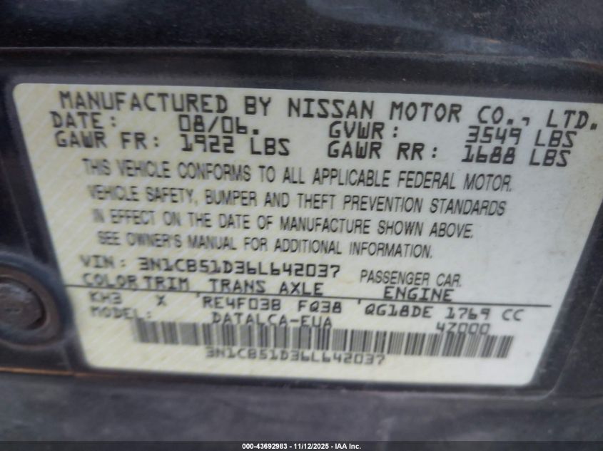 2006 Nissan Sentra 1.8 VIN: 3N1CB51D36L642037 Lot: 43692983