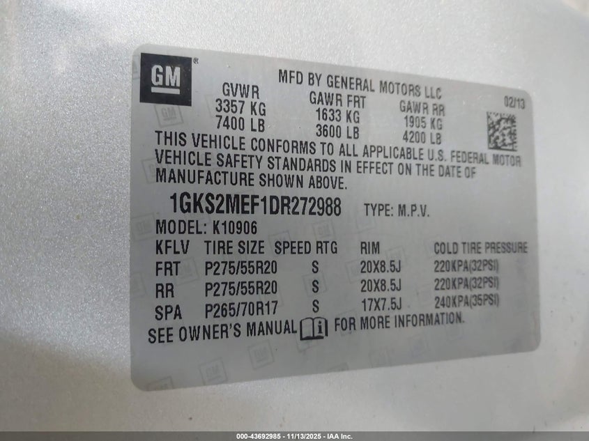 2013 GMC Yukon Xl 1500 Denali VIN: 1GKS2MEF1DR272988 Lot: 43692985