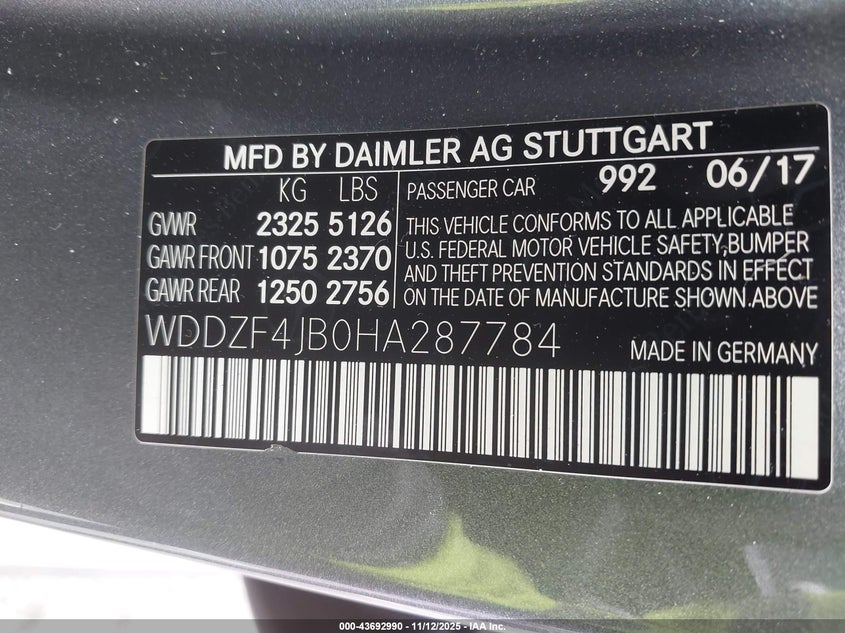 2017 MERCEDES-BENZ E 300 WDDZF4JB0HA287784