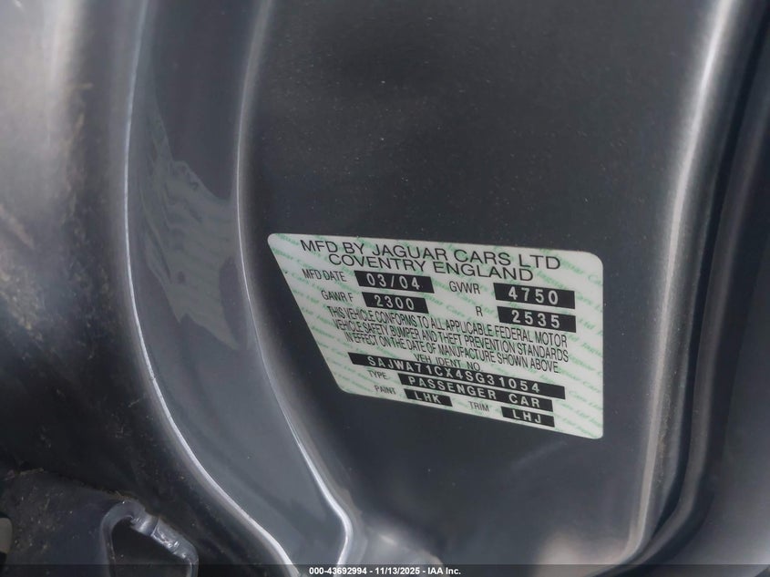 2004 Jaguar Xj Xj8 VIN: SAJWA71CX4SG31054 Lot: 43692994