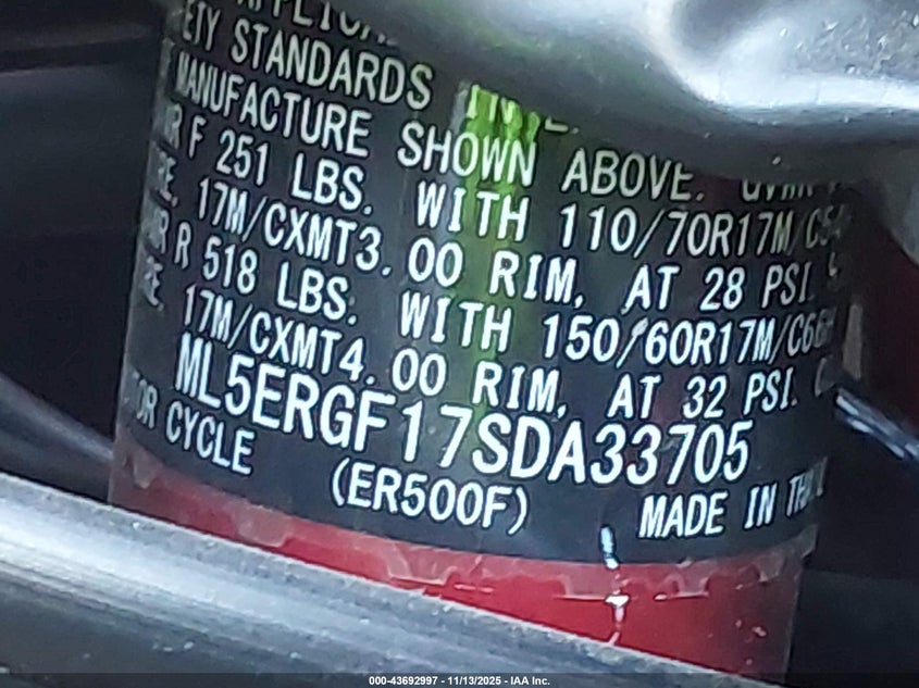 2025 Kawasaki Er500 VIN: ML5ERGF17SDA33705 Lot: 43692997