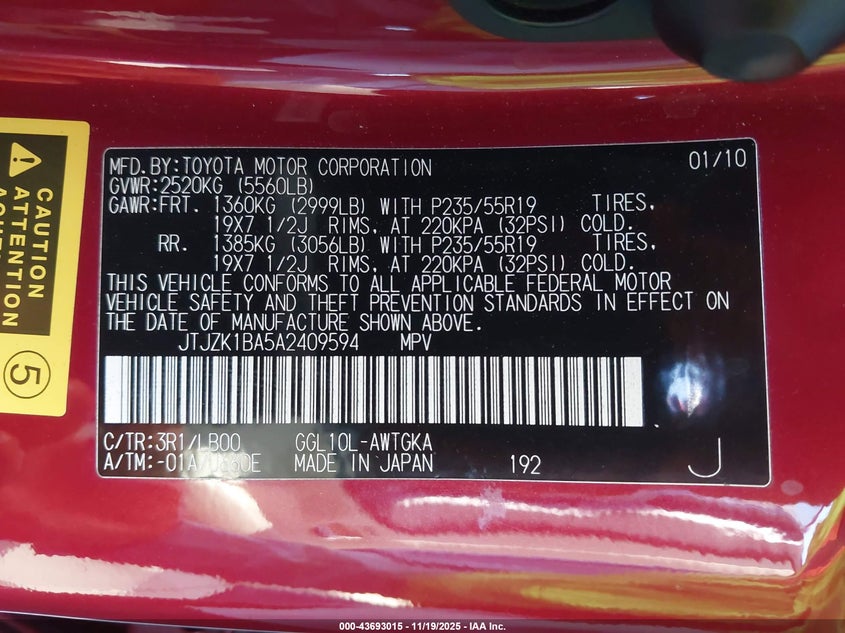 2010 Lexus Rx 350 VIN: JTJZK1BA5A2409594 Lot: 43693015