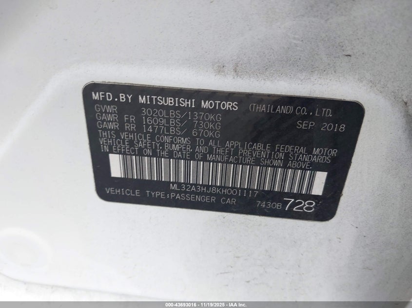 2019 Mitsubishi Mirage Es/Rf VIN: ML32A3HJ8KH001117 Lot: 43693016
