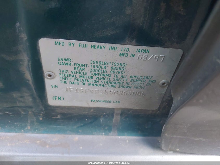 1998 Subaru Impreza Outback Sport VIN: JF1GF4856WG804006 Lot: 43693033