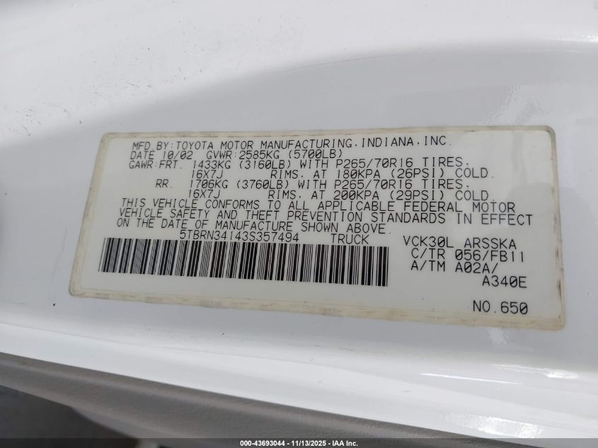 2003 Toyota Tundra Sr5 VIN: 5TBRN34143S357494 Lot: 43693044