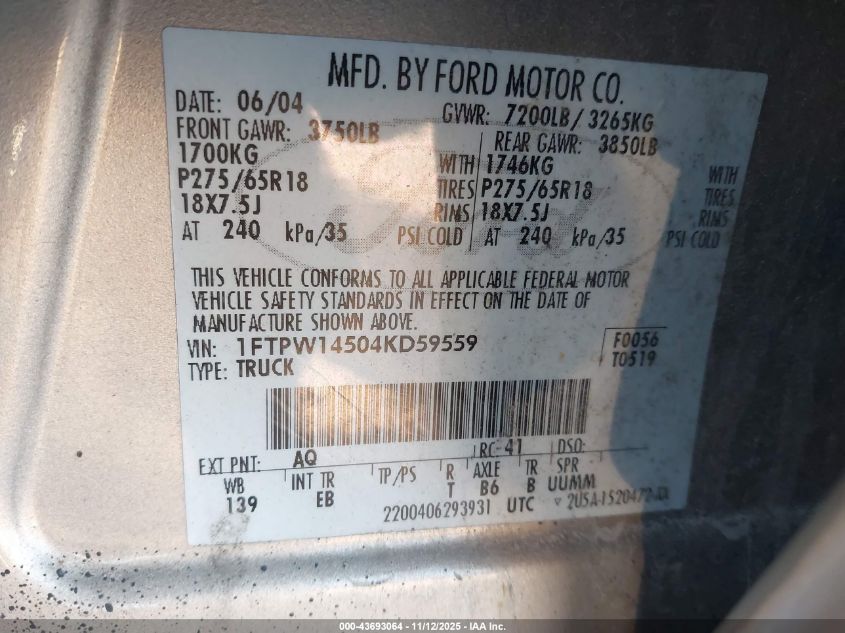 2004 Ford F-150 VIN: 1FTPW14504KD59559 Lot: 43693064