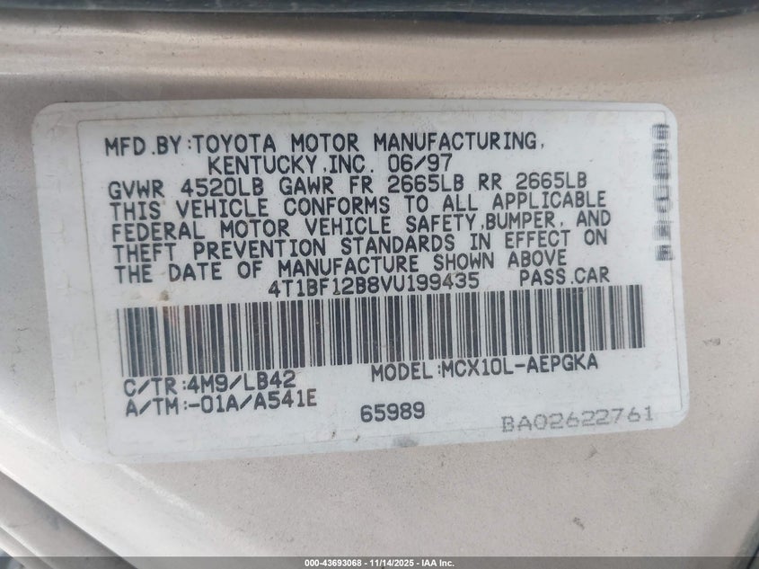 1997 Toyota Avalon Xls VIN: 4T1BF12B8VU199435 Lot: 43693068