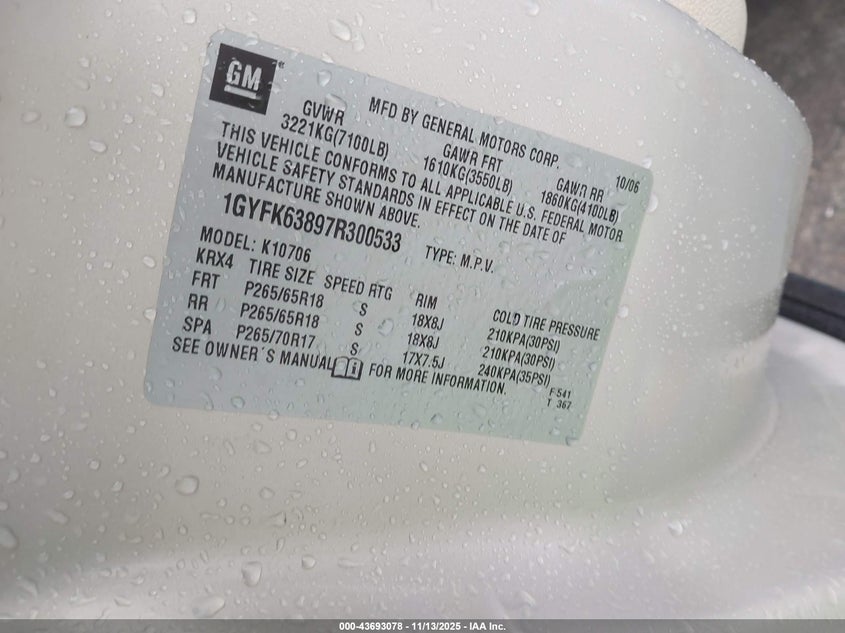 2007 Cadillac Escalade Standard VIN: 1GYFK63897R300533 Lot: 43693078