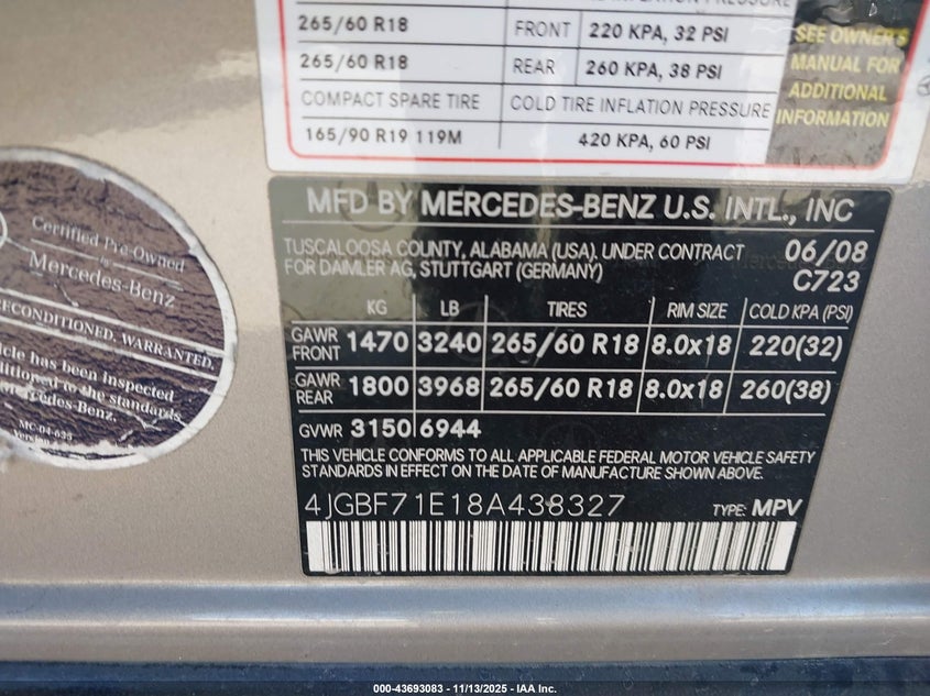 2008 Mercedes-Benz Gl 450 4Matic VIN: 4JGBF71E18A438327 Lot: 43693083