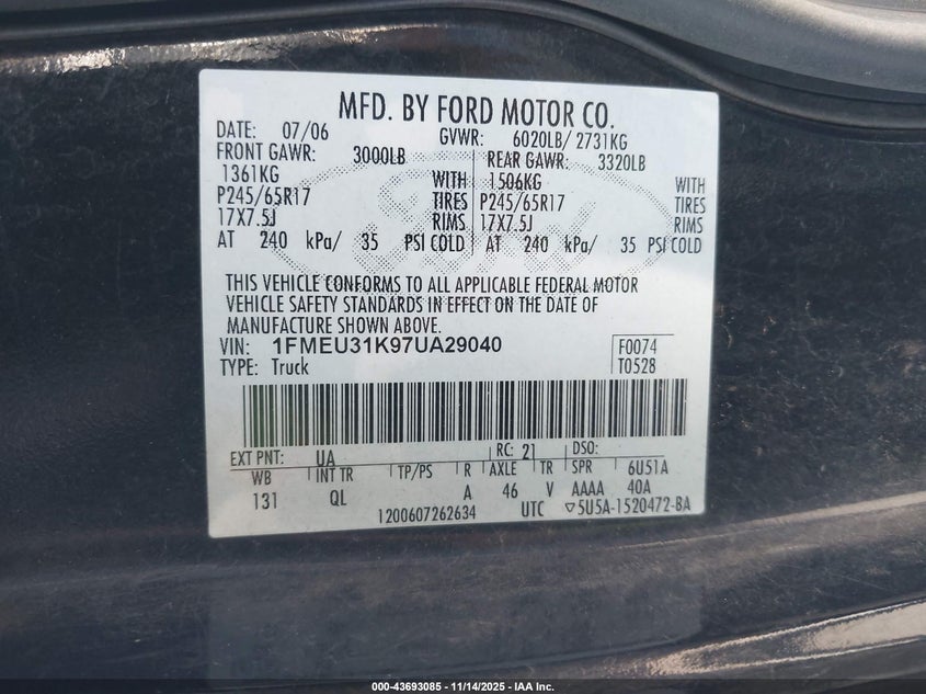 2007 Ford Explorer Sport Trac Xlt VIN: 1FMEU31K97UA29040 Lot: 43693085