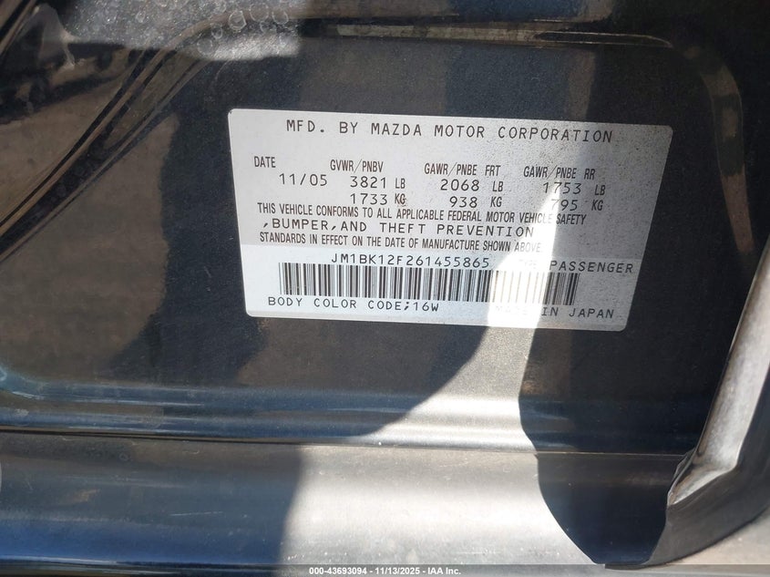 2006 Mazda Mazda3 I VIN: JM1BK12F261455865 Lot: 43693094