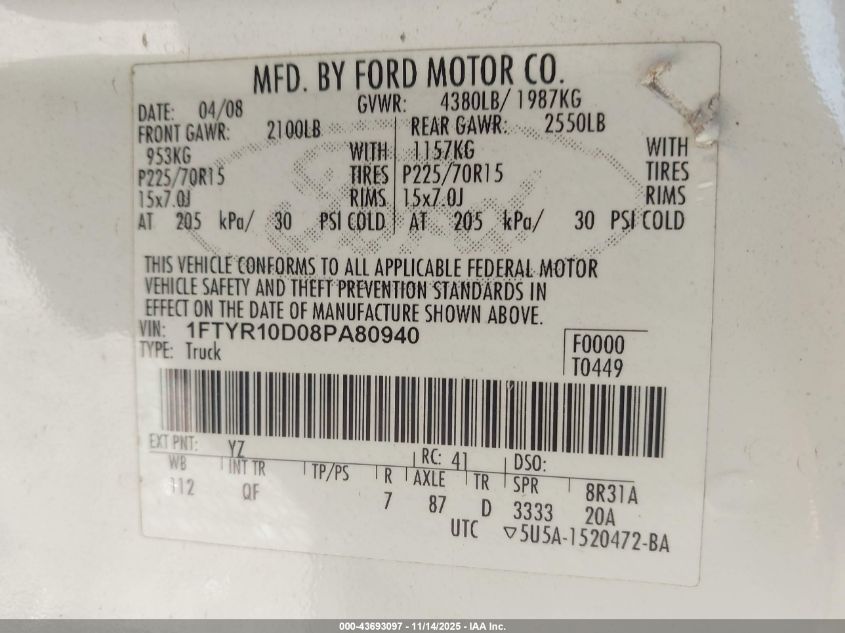 2008 Ford Ranger Xl/Xlt VIN: 1FTYR10D08PA80940 Lot: 43693097