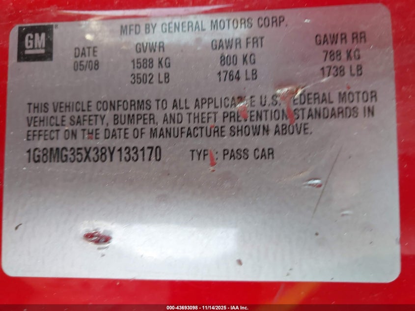 2008 Saturn Sky Red Line VIN: 1G8MG35X38Y133170 Lot: 43693098