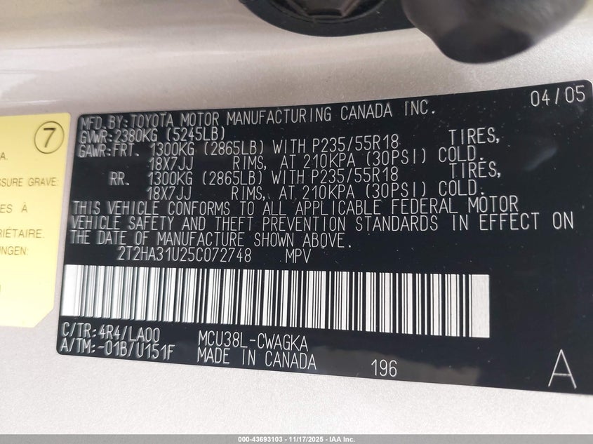 2005 Lexus Rx 330 VIN: 2T2HA31U25C072748 Lot: 43693103