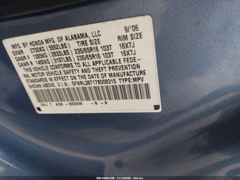 2007 Honda Odyssey Ex-L VIN: 5FNRL38717B008315 Lot: 43693106