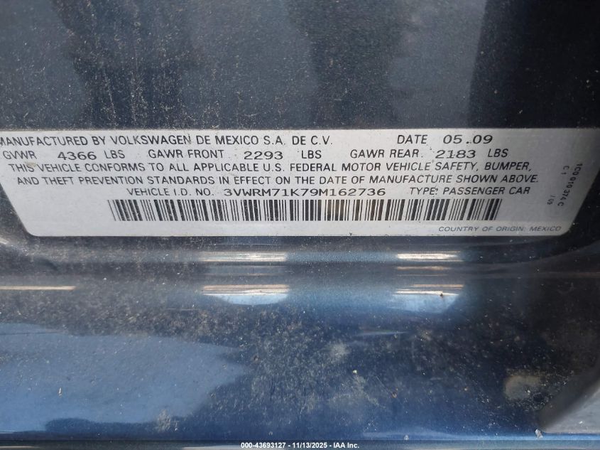 2009 Volkswagen Jetta Se VIN: 3VWRM71K79M162736 Lot: 43693127