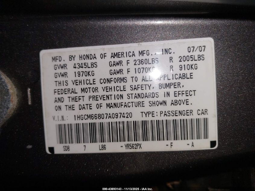 2007 Honda Accord 3.0 Ex VIN: 1HGCM66807A097420 Lot: 43693143