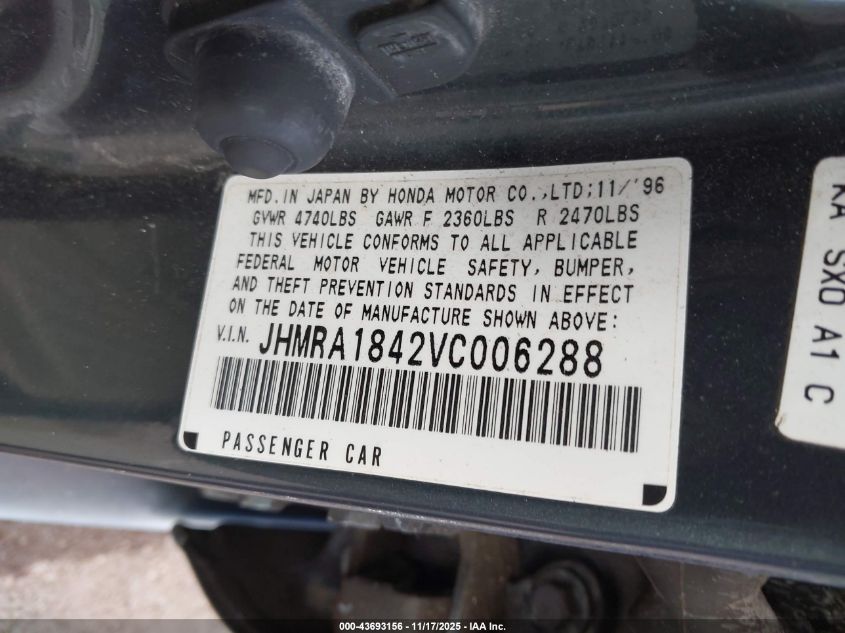 1997 Honda Odyssey Lx VIN: JHMRA1842VC006288 Lot: 43693156