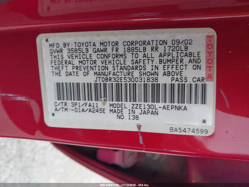 2003 Toyota Corolla Le VIN: JTDBR32E530031838 Lot: 43693158