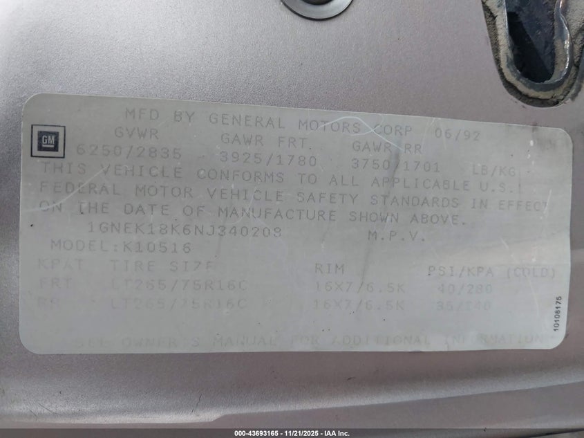 1992 Chevrolet Blazer K1500 VIN: 1GNEK18K6NJ340208 Lot: 43693165