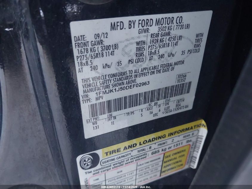 2013 Ford Expedition El Xlt VIN: 1FMJK1J50DEF02963 Lot: 43693172