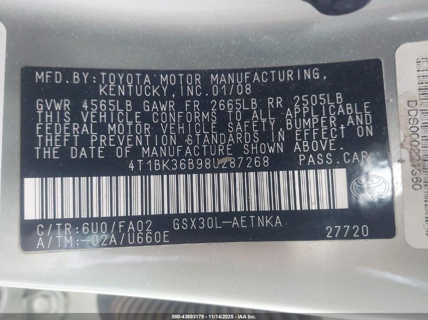 2008 Toyota Avalon Xl VIN: 4T1BK36B98U287268 Lot: 43693179