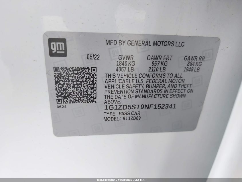 2022 Chevrolet Malibu Fwd Lt VIN: 1G1ZD5ST9NF152341 Lot: 43693185