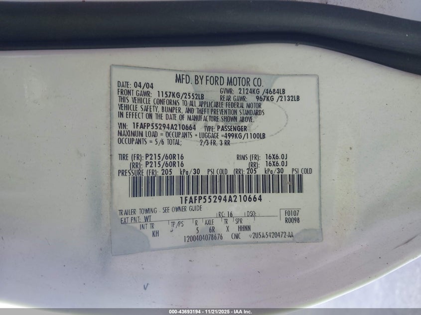 2004 Ford Taurus Ses VIN: 1FAFP55294A210664 Lot: 43693194