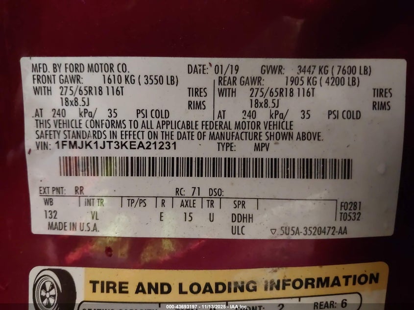 2019 Ford Expedition Max Xlt VIN: 1FMJK1JT3KEA21231 Lot: 43693197