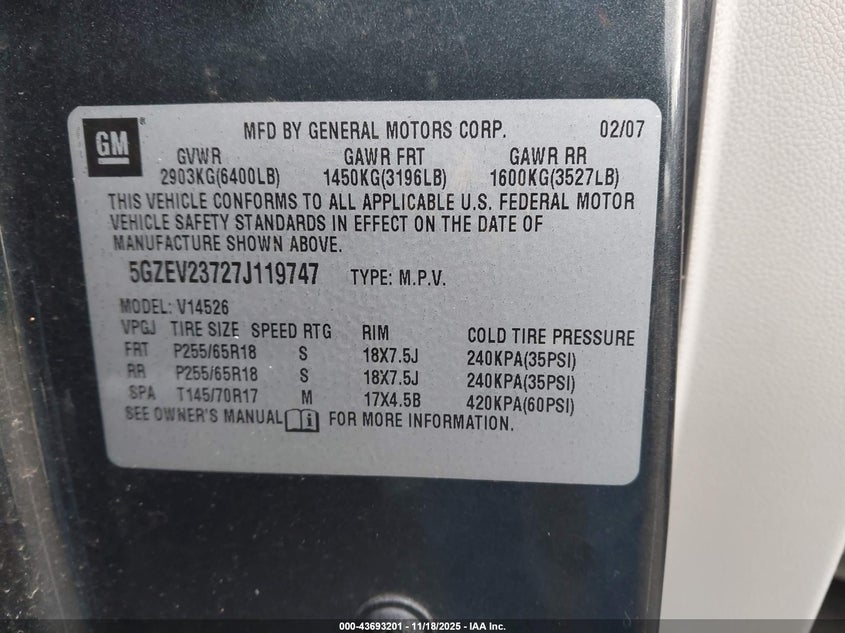 2007 Saturn Outlook Xr VIN: 5GZEV23727J119747 Lot: 43693201