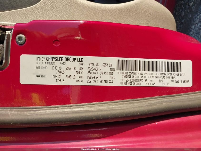 2012 Dodge Grand Caravan Crew VIN: 2C4RDGDG1CR247100 Lot: 43693204