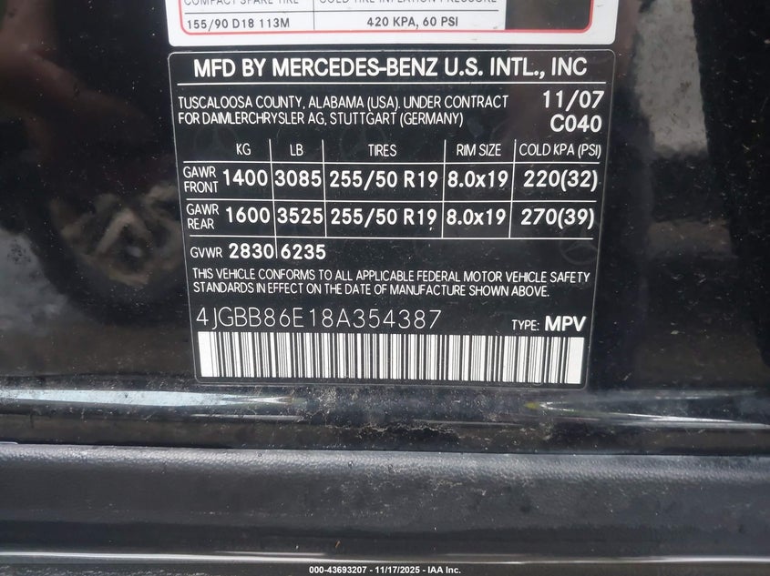 2008 Mercedes-Benz Ml 350 4Matic VIN: 4JGBB86E18A354387 Lot: 43693207
