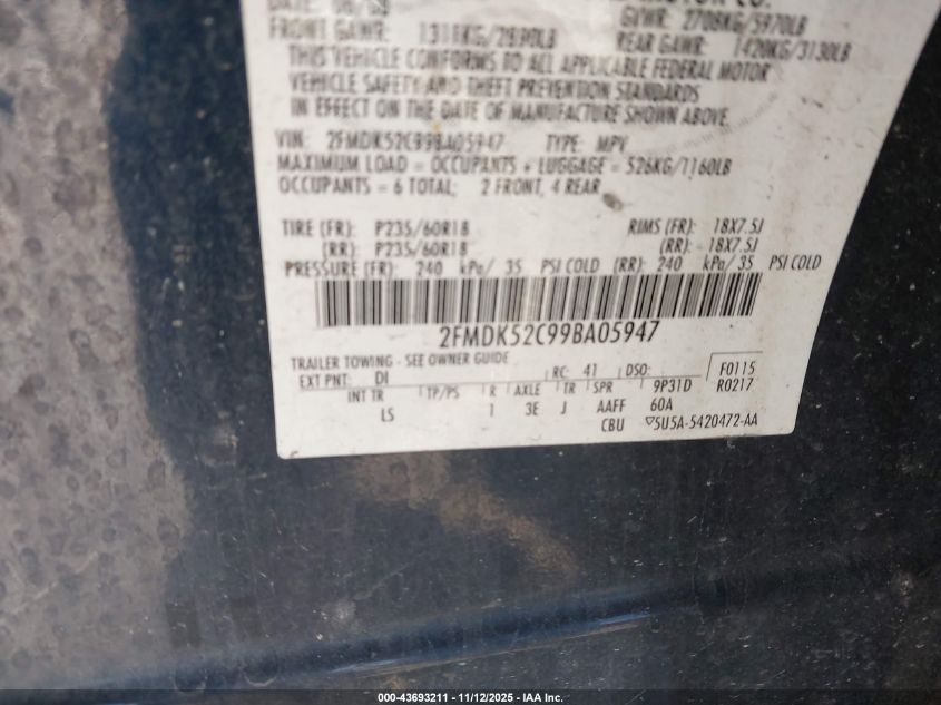 2009 Ford Flex Sel VIN: 2FMDK52C99BA05947 Lot: 43693211