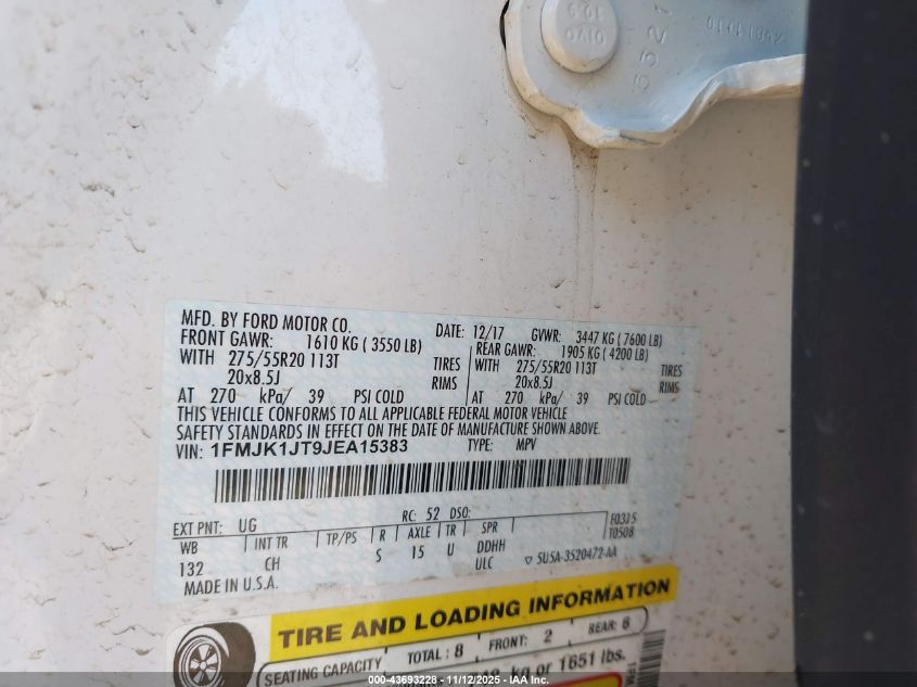 2018 Ford Expedition Max Xlt VIN: 1FMJK1JT9JEA15383 Lot: 43693228