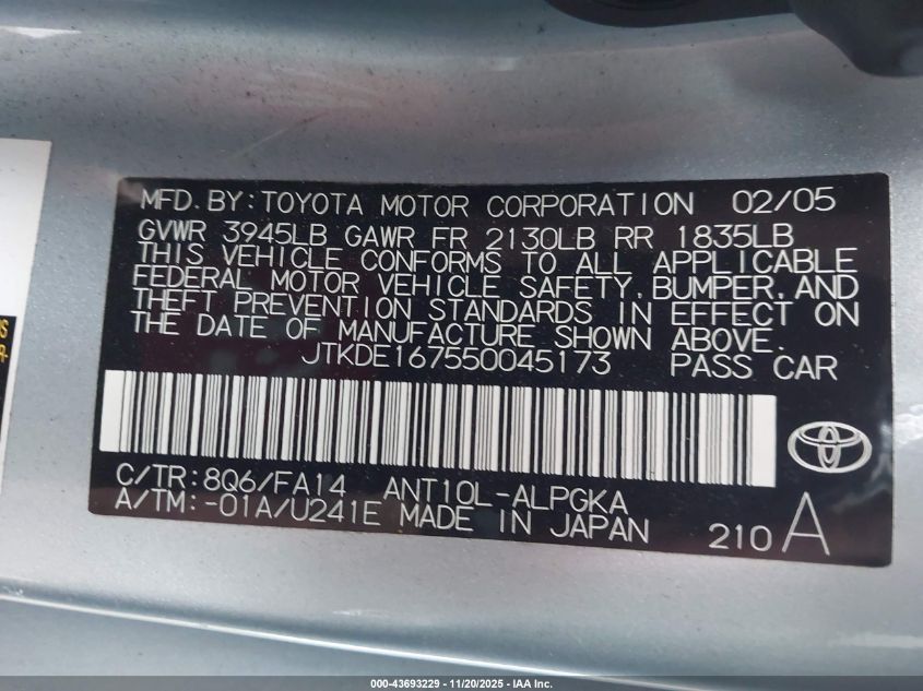 2005 Scion Tc VIN: JTKDE167550045173 Lot: 43693229