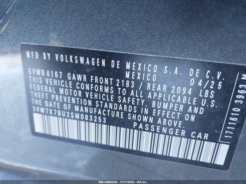 3VW7X7BU2SM083253 2025 VOLKSWAGEN JETTA photo no. 9