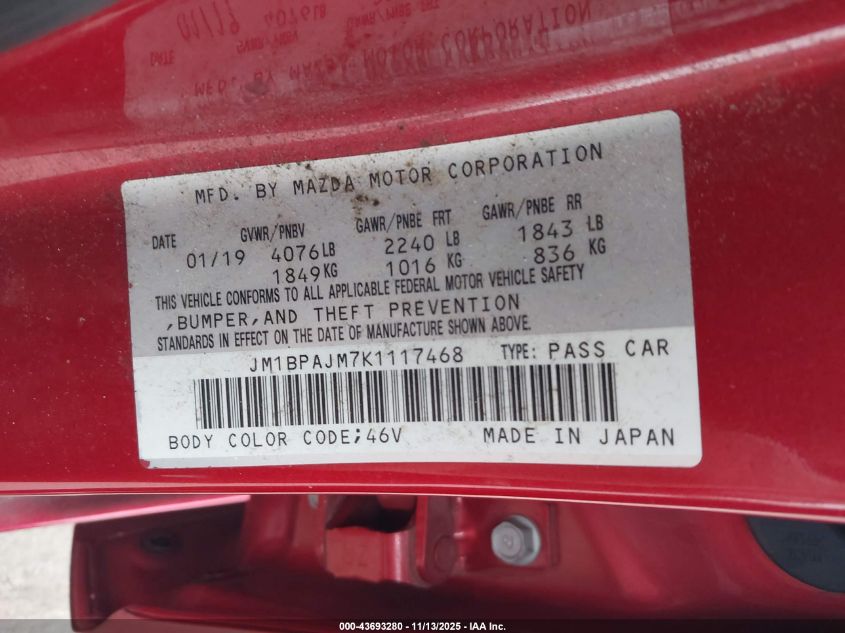2019 Mazda Mazda3 VIN: JM1BPAJM7K1117468 Lot: 43693280