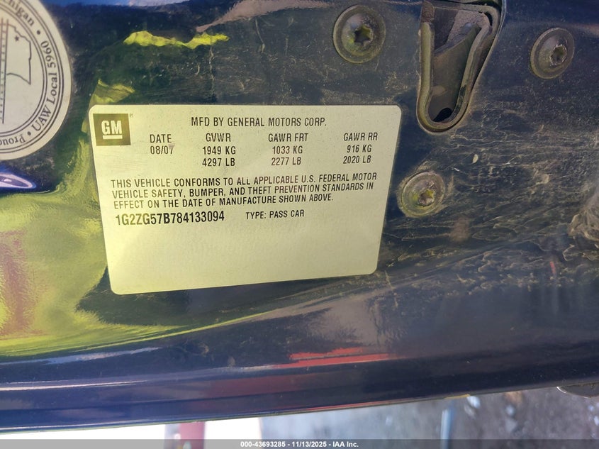 2008 Pontiac G6 VIN: 1G2ZG57B784133094 Lot: 43693285