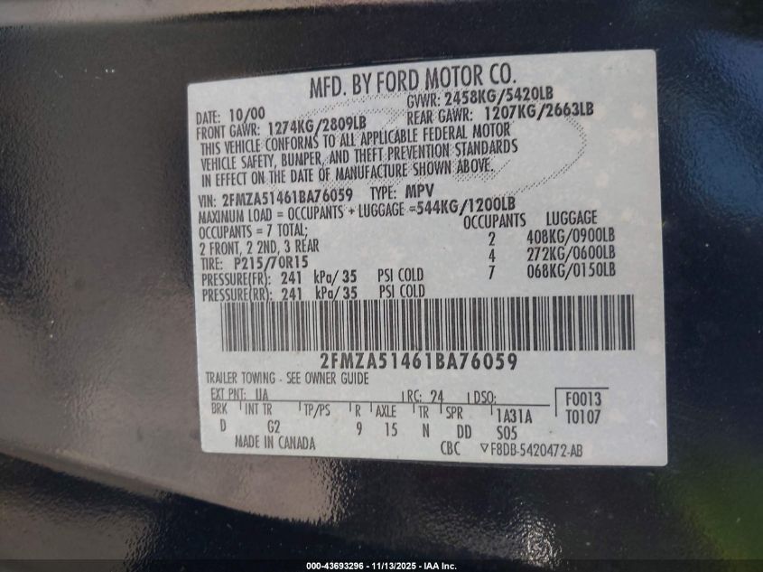 2001 Ford Windstar Lx VIN: 2FMZA51461BA76059 Lot: 43693296
