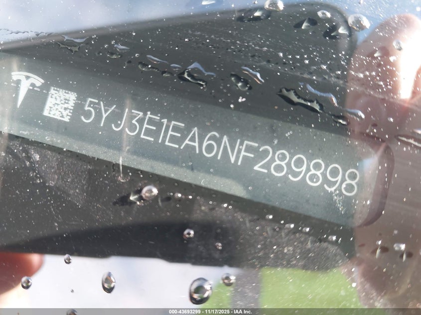 2022 Tesla Model 3 Rear-Wheel Drive VIN: 5YJ3E1EA6NF289898 Lot: 43693299