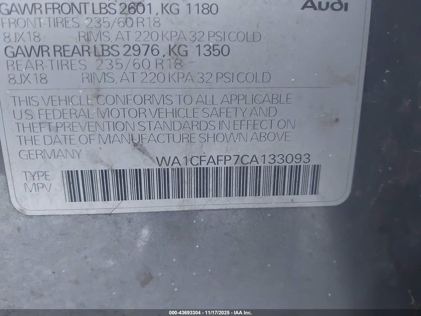 2012 Audi Q5 2.0T Premium VIN: WA1CFAFP7CA133093 Lot: 43693304