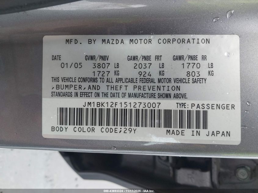 2005 Mazda Mazda3 I VIN: JM1BK12F151273007 Lot: 43693324