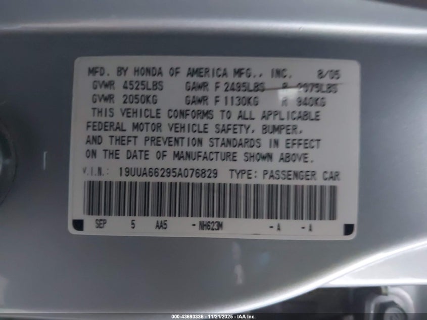 2005 Acura Tl VIN: 19UUA66295A076829 Lot: 43693336