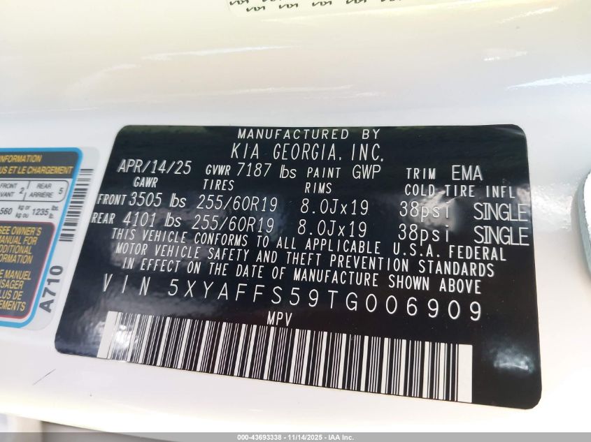 2026 Kia Ev9 Wind VIN: 5XYAFFS59TG006909 Lot: 43693338