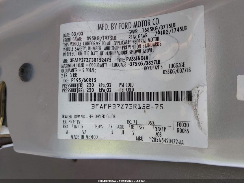 2003 Ford Focus Zx5 VIN: 3FAFP37Z73R152475 Lot: 43693342