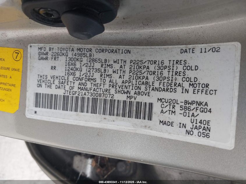 2003 Toyota Highlander V6 VIN: JTEGF21A730087072 Lot: 43693341